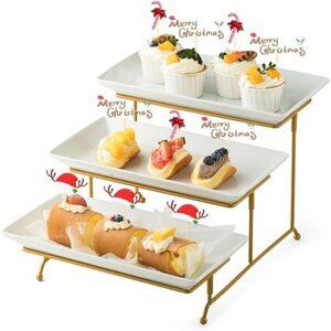 3 Tier Serving Stand with Porcelain Serving Platter Tray -Collapsible Gold Stand